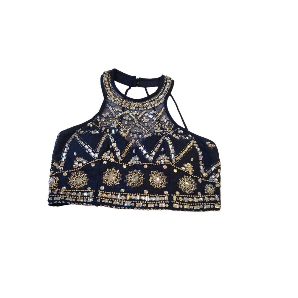 B.Darlin Juniors' BLUE HALTER NECK RHINESTONE BEADED‎ CROPPED TOP SIZE 5/6 Vegas